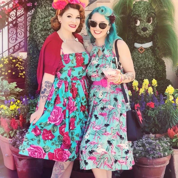 Lindy Bop green flamingo cotton swing dress - Picture 4 of 11